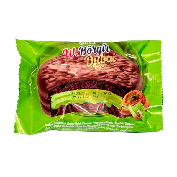Alfajor de galleta bañada en chocolate con relleno de marshmallow sabor pistacho de dubai